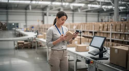Mitarbeiterin prüft Pakete im Fulfillment-Center, verdächtige Sendungen werden aussortiert