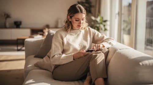 Frau auf Sofa beginnt Online-Produktsuche per Smartphone in modernem Wohnzimmer