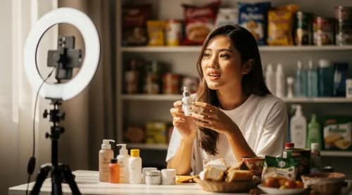 Frau demonstriert Alltagsprodukte im Homestudio für Live-Shopping via Social Commerce