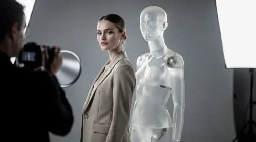 Model neben transparenter Kunstfigur symbolisiert Offenlegungspflicht für KI-Werbung