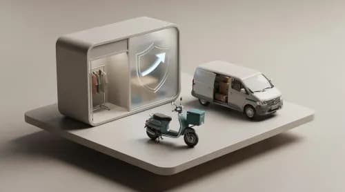 3D-Illustration zu Lieferdiensten, Handelsexpansion, Mode und Datensicherheit im E-Commerce