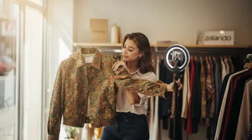 Frau präsentiert Kleidungsstück vor Kamera in modernem Charity-Shop für Live-Shopping