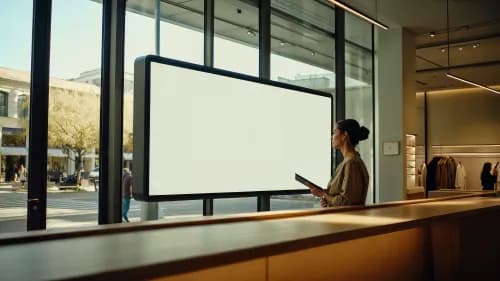 Ladenbesitzerin verwaltet digitale Werbefläche im Schaufenster mit Tablet