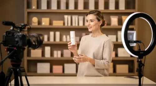 Verkäuferin präsentiert Produkt vor Kamera in professionellem Livestream-Shopping-Studio