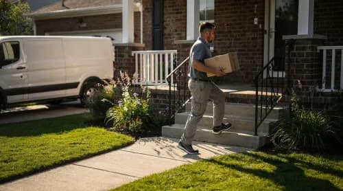 Kurier bringt Paket schnell an die Haustür eines US-Wohnhauses im Morgenlicht
