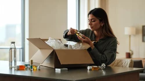 Frau testet zuhause unverpackte FMCG-Produktproben aus einer Lieferbox am Küchentisch