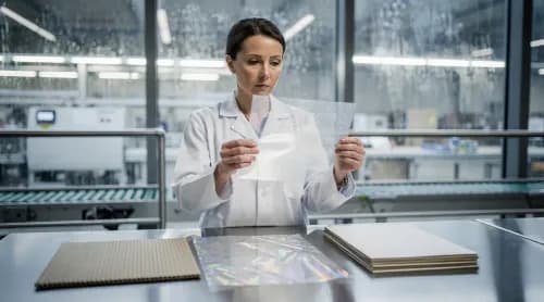 Fachkraft prüft verschiedene Verpackungsmaterialien wegen neuer EU-Verordnung