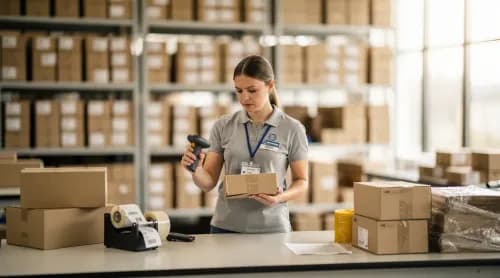 Mitarbeiterin verpackt sorgfältig ein Paket in modernem Fulfillment-Center