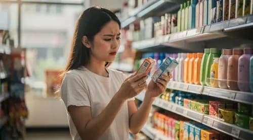 Junge Frau vergleicht preisbewusst Produkte im Regal eines vietnamesischen Ladens