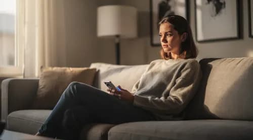 Frau hält Smartphone mit leuchtendem Bildschirm und zögert vor einer Kaufentscheidung
