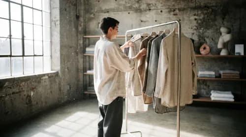 Kurator ordnet Kleidung in industriellem Concept Store mit Betonwänden