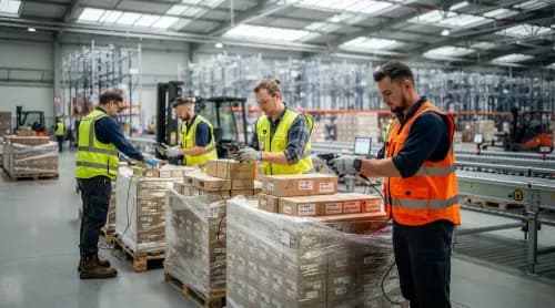 Mitarbeitende konsolidieren Kleinsendungen zu Paletten in modernem EU-Logistikzentrum