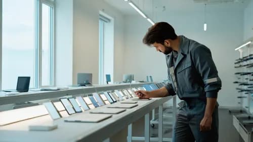 Techniker prüft generalüberholte Smartphones in modernem Refurbishing-Center