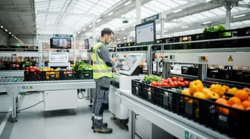 Mitarbeiter kommissioniert an automatisierter Station im Micro-Fulfillment-Center für E-Food