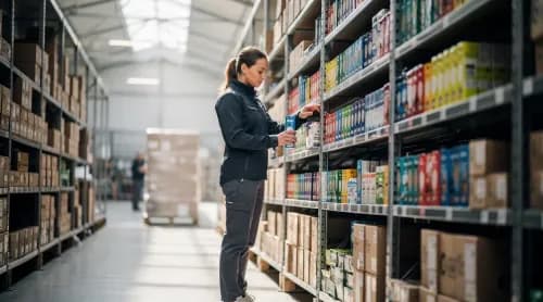 Mitarbeiterin wählt gezielt einzelne Produkte aus vollem Lagerregal aus
