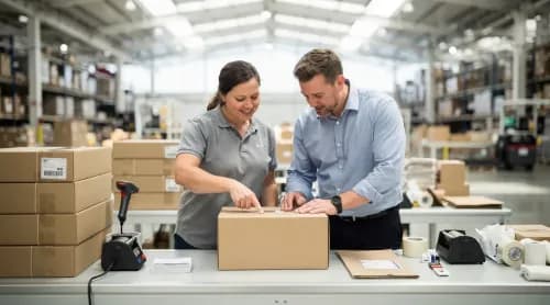 Fulfillment-Mitarbeiter und Händlerin prüfen gemeinsam ein Paket im modernen Warenlager