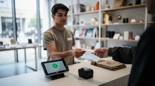 Kassiererin bearbeitet Echtzeitüberweisung an moderner Ladenkasse im hellen Concept Store