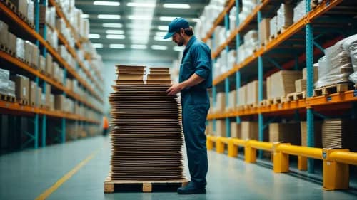 Mitarbeiter sortiert große Menge an Retouren-Paketen in heller Logistikhalle
