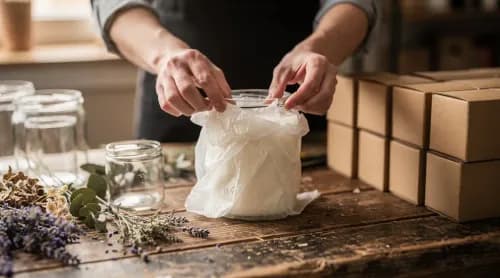 Mitarbeiterin verpackt Duftkerze sorgfältig für den Online-Versand direkt an Kunden
