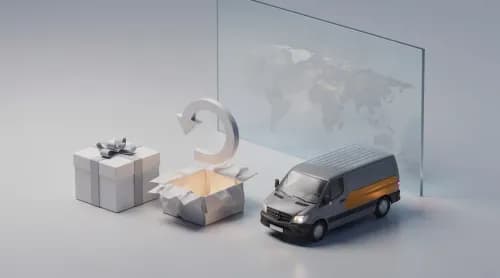 3D-Illustration zu Weihnachtsshopping, Retouren, Lieferdienst und grenzüberschreitendem Handel im E-Commerce