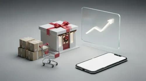3D-Illustration zu Weihnachtsgeschäft, Rechnungskauf, Social Commerce und Kurzvideos im Handel