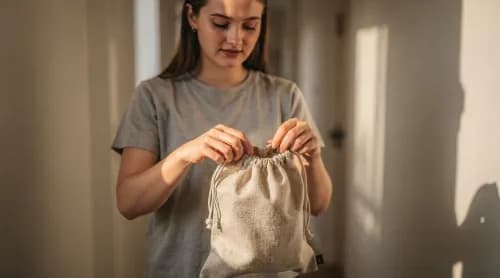 Frau faltet nachhaltige Mehrweg-Versandtasche für Modehandel-Retoure im Eingangsbereich
