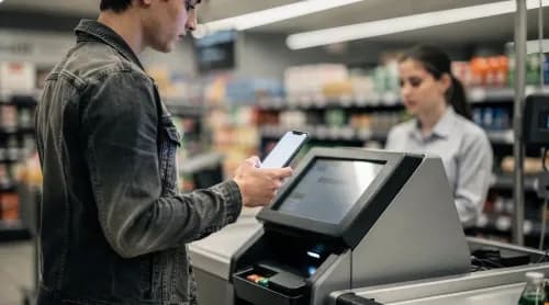Kundin bezahlt mit Smartphone am Supermarkt-Self-Checkout, Symbolbild für Wero