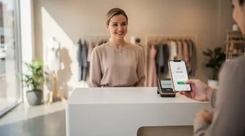 Ladeninhaberin nimmt schnelle Smartphone-Zahlung einer Kundin an modernem Kassentresen entgegen