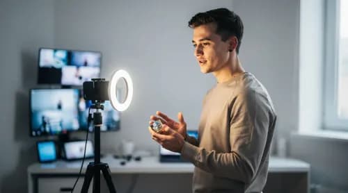 Verkäuferin präsentiert Produkt live vor Smartphone-Kamera mit Ringlicht im Livestream-Setup