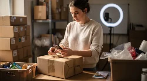 Live-Shopping-Verkäuferin verpackt Bestellung und beantwortet Kundenanfrage per Smartphone
