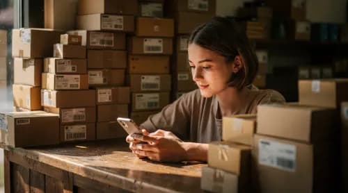 Online-Händlerin beantwortet Kundenanfrage per Chat zwischen Versandkartons im Laden