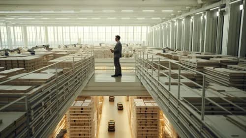 Manager überblickt Fulfillment-Center als Symbol für Kontrolle im Hybrid-Vertriebsmodell