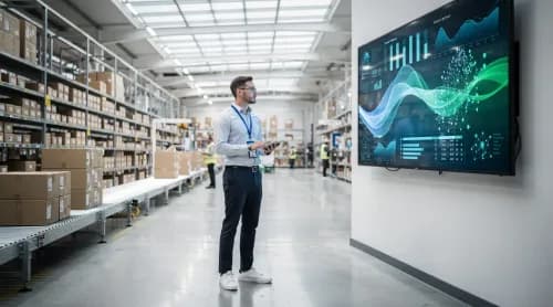 Mitarbeiterin im Fulfillment-Center prüft Echtzeitdaten auf Display, im Hintergrund automatisierte Paketsortierung