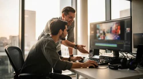 Kreativteam bespricht KI-gestützte Videowerbung an modernem Schnittplatz im Studio