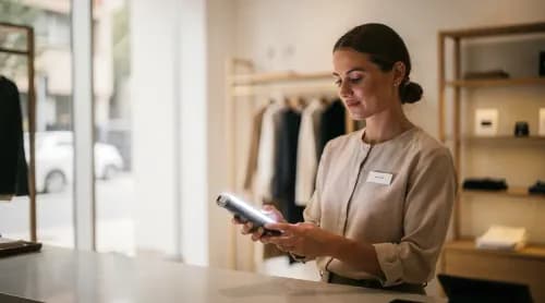 Verkäuferin schließt Zahlung an modernem Terminal im Store ab, Symbol für vernetzten Zahlungsverkehr