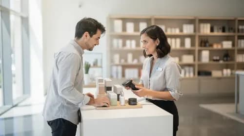 Verkäuferin verbindet Shop-in-Shop-Theke mit digitalem System im modernen Store