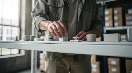 Mitarbeiterin wählt bewusst kuratierte, margenstarke Produkte im modernen Lager aus