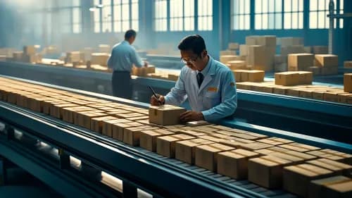 Zollmitarbeiter scannt Paket an überfüllten Sortierbändern für internationale Kleinsendungen