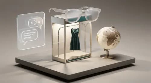 3D-Illustration zeigt Mode-Shop, Brille, Globus und Social-Commerce-Symbole für E-Commerce-News