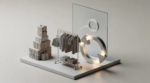 3D-Illustration zu Fast Fashion, Prime Day, Wiederverkauf und KI-Shopping im E-Commerce