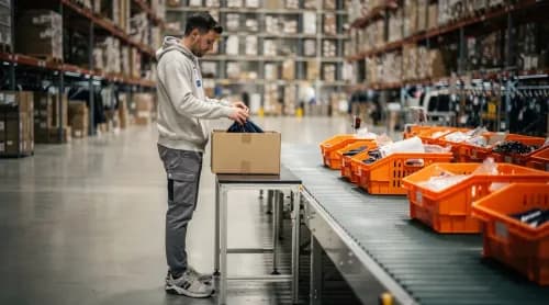 Mitarbeiter packt Kleidungsstück in Versandbox im Zalando-Logistikzentrum