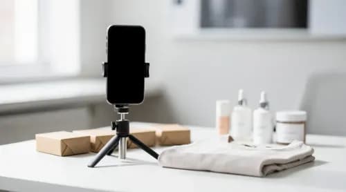 Foto: Smartphone auf Stativ neben Paketen, gefalteter Kleidung und Kosmetik auf hellem Arbeitstisch