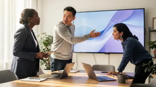 Marketingteam bespricht datenbasierte Werbekampagne im modernen Büro