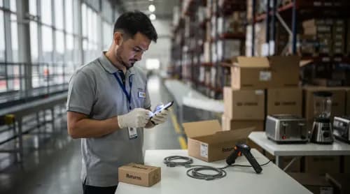 Mitarbeiter prüft zurückgesendetes Smartphone im Lager für Amazons Second-Chance-Programm