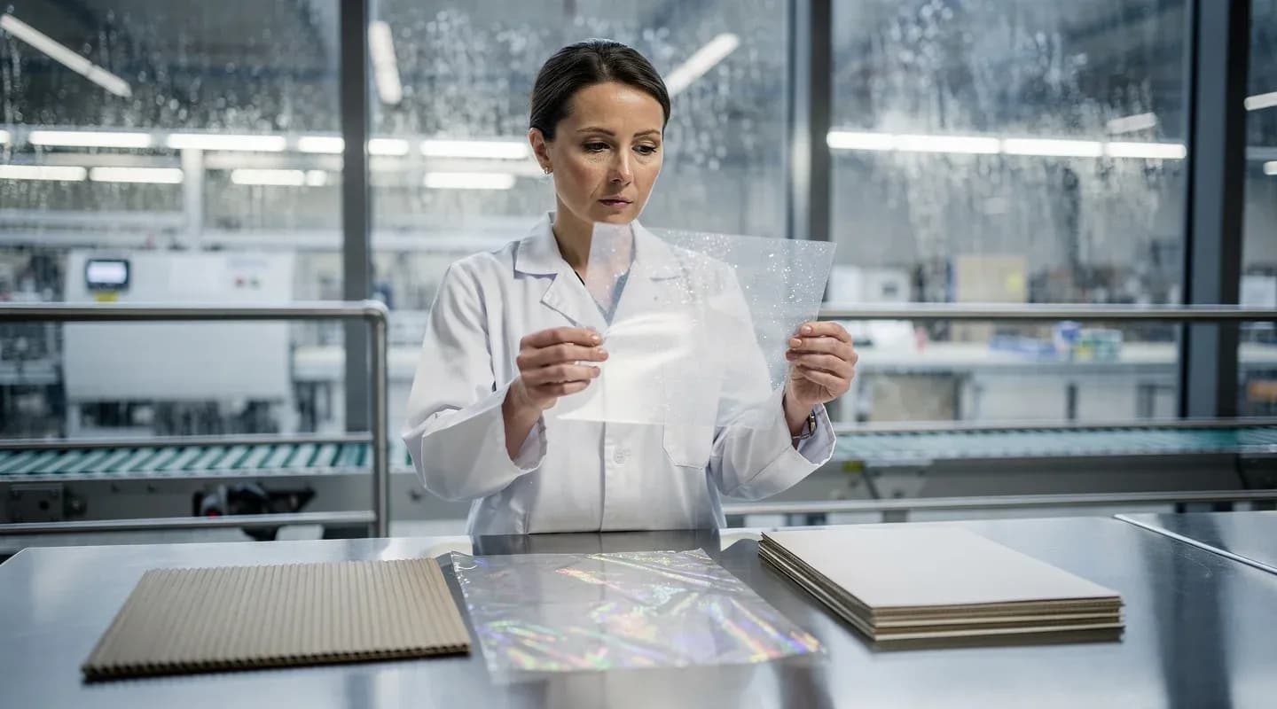 Fachkraft prüft verschiedene Verpackungsmaterialien wegen neuer EU-Verordnung